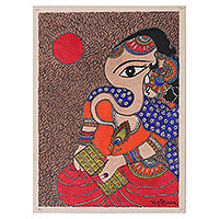 Madhubani painting, 'Ganesha Reading the Scriptures' - Classic Natural Dye Madhubani Painting of Wise Ganesha