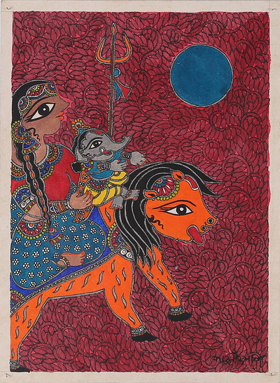 Madhubani painting, 'Motherly Bond' - Natural Dye Madhubani Painting of Parvati and Ganesha