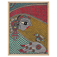 Pintura Madhubani, 'Reina en Soledad' - Pintura Madhubani clásica con tinte natural de reina y pájaro