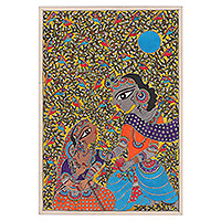 Pintura Madhubani, 'Radha Krishna Love' - Pintura clásica de tinte natural Madhubani de Krishna y Radha