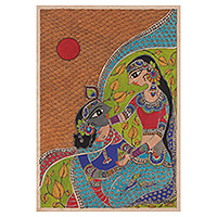 Pintura Madhubani, 'Amor celestial' - Acrílico y tinte vegetal Pintura romántica Madhubani