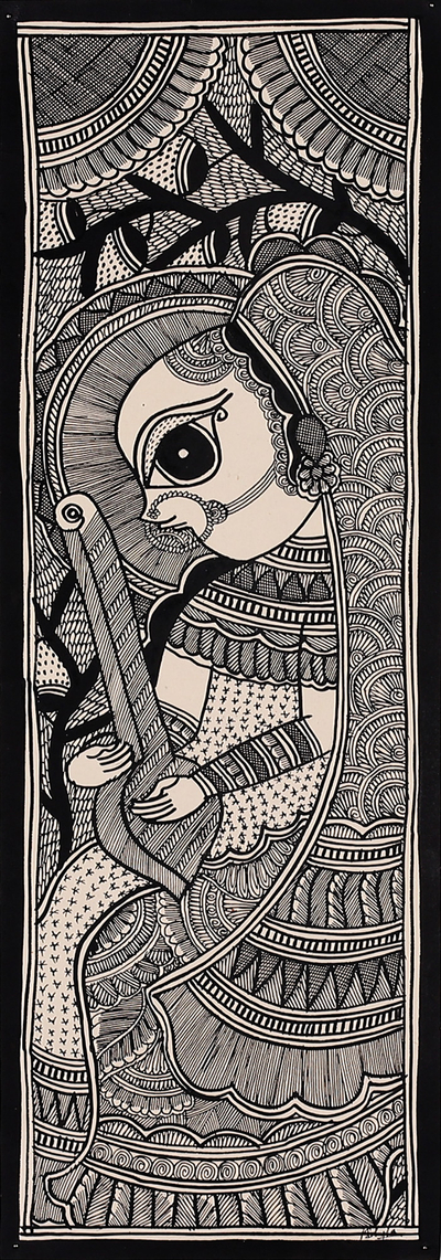 Madhubani painting, 'Meera' - Madhubani Painting of Hindu Mystic Poet Meera Mirabai