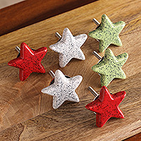 Pomos de cerámica para armarios (juego de 6) - Juego de 6 perillas de gabinete de cerámica en forma de estrella hechas a mano