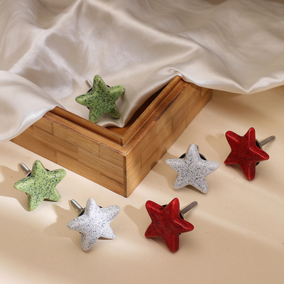 Ceramic cabinet knobs, 'Merry Stars' (set of 6) - Set of 6 Handcrafted Star-Shaped Ceramic Cabinet Knobs