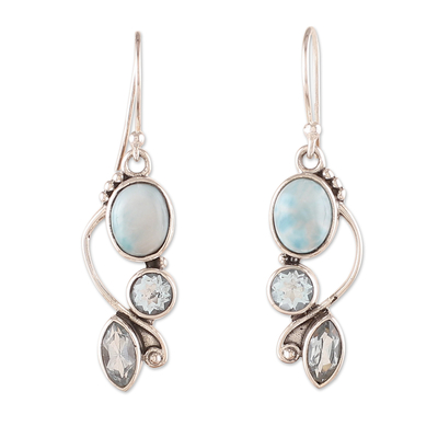 Blue topaz and larimar dangle earrings, 'Sky Glamour' - Faceted Three-Carat Blue Topaz and Larimar Dangle Earrings