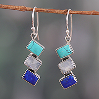 Multi-gemstone dangle earrings, 'Oceanic Ladders' - Geometric Blue-Toned Multi-Gemstone Dangle Earrings