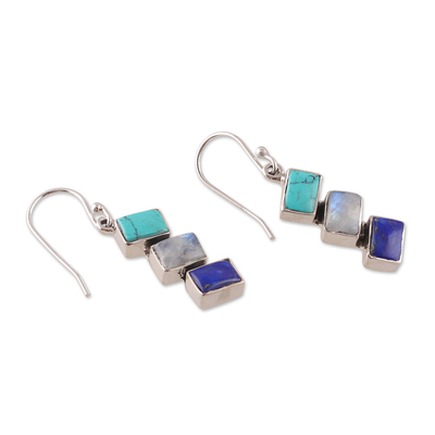 Multi-gemstone dangle earrings, 'Oceanic Ladders' - Geometric Blue-Toned Multi-Gemstone Dangle Earrings