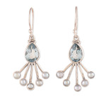 Blue topaz and cultured pearl dangle earrings, 'Crown of Loyalty' - Dangle Earrings with Faceted Blue Topaz and Cream Pearls