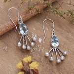 Blue topaz and cultured pearl dangle earrings, 'Crown of Loyalty' - Dangle Earrings with Faceted Blue Topaz and Cream Pearls