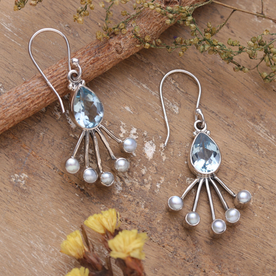 Blue topaz and cultured pearl dangle earrings, 'Crown of Loyalty' - Dangle Earrings with Faceted Blue Topaz and Cream Pearls