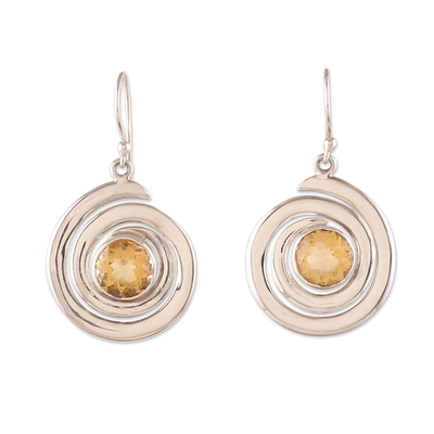 Citrine dangle earrings, 'Swirling Success' - Sterling Silver and Faceted 5-Carat Citrine Dangle Earrings