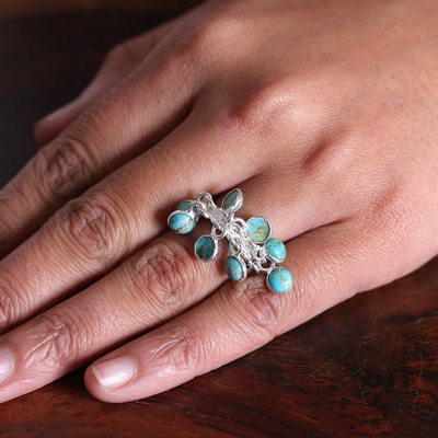 Sterling silver cluster ring, 'Lagoon Style' - Sterling Silver Cluster Ring with Ten Recon Turquoise Gems