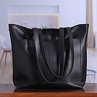 Leather tote bag, 'Practical Night' - Handcrafted 100% Leather Open-Top Tote Bag in Black