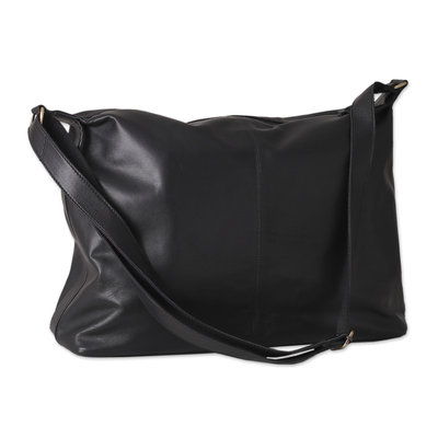 Leather shoulder bag, 'Ebony Gracefulness' - 100% Ebony Leather Zippered Adjustable Shoulder Bag