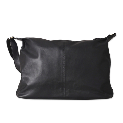 Leather shoulder bag, 'Ebony Gracefulness' - 100% Ebony Leather Zippered Adjustable Shoulder Bag