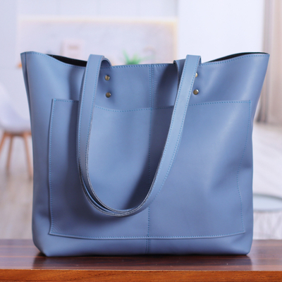 Leather tote bag, 'Practical Sky' - Handcrafted 100% Leather Open-Top Tote Bag in Cadet Blue