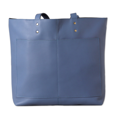 Leather tote bag, 'Practical Sky' - Handcrafted 100% Leather Open-Top Tote Bag in Cadet Blue