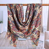 Wool and silk blend shawl, 'Spring Utopia' - Floral Printed Multicolour Wool and Silk Blend Shawl