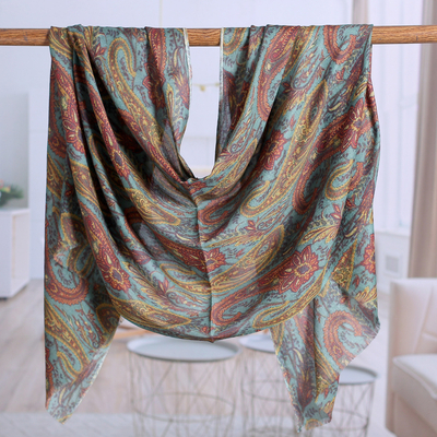 Wool and silk blend shawl, 'Paisley Serenity' - Paisley-Patterned Jade Wool and Silk Blend Shawl from India