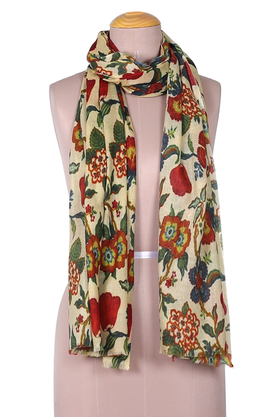Wool and silk blend shawl, 'Spring Grace' - Floral Printed Red and Ivory Wool and Silk Blend Shawl
