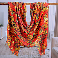 Wool and silk blend shawl, 'Spring Sunset' - Floral Printed Poppy and Orange Wool and Silk Blend Shawl