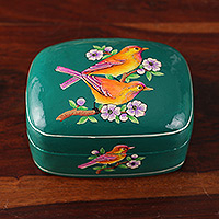 Caja decorativa de papel maché, 'Forever Us' - Caja decorativa de papel maché pintada a mano con temática de pájaros florales