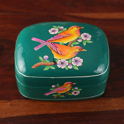 Caja decorativa de papel maché - Caja decorativa de papel maché pintada a mano con temática de pájaros florales