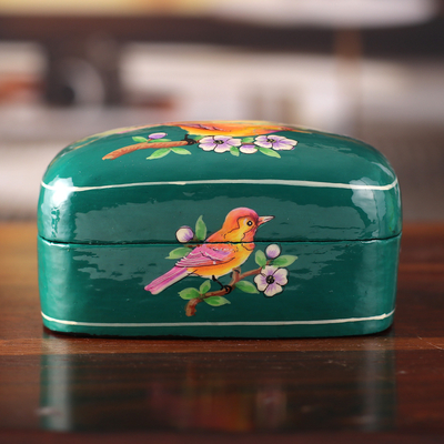 Caja decorativa de papel maché - Caja decorativa de papel maché pintada a mano con temática de pájaros florales