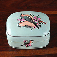 Caja decorativa de papel maché, 'Nuestro cielo' - Caja decorativa de papel maché azul pintado con temática de pájaros florales
