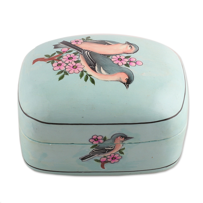 Caja decorativa de papel maché - Caja decorativa de papel maché azul pintado con temática de pájaros florales