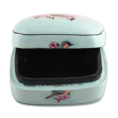 Papier mache decorative box, 'Our Heaven' - Floral Bird-Themed Painted Blue Papier Mache Decorative Box