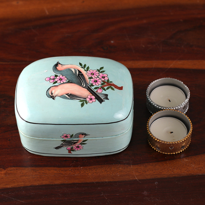 Papier mache decorative box, 'Our Heaven' - Floral Bird-Themed Painted Blue Papier Mache Decorative Box