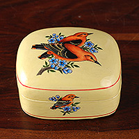 Papier mache decorative box, 'Our Summer' - Bird-Themed Painted Yellow Papier Mache Decorative Box