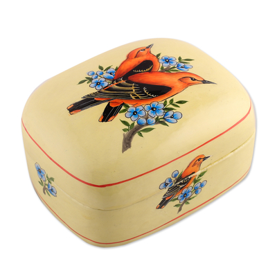 Caja decorativa de papel maché - Caja decorativa de papel maché amarillo pintado con temática de pájaros