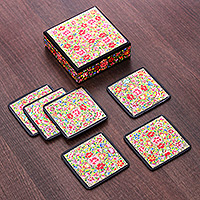 Wood and papier mache coasters, 'Blooming Valley' (set of 6) - Set of 6 Floral Multicolour Wood and Papier Mache Coasters