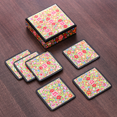 Wood and papier mache coasters, 'Blooming Valley' (set of 6) - Set of 6 Floral Multicolor Wood and Papier Mache Coasters