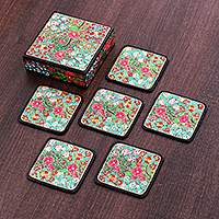 Wood and papier mache coasters, 'Blooming Time' (set of 6) - Set of 6 Floral Painted Wood and Papier Mache Coasters