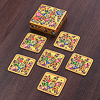 Wood and papier mache coasters, 'Blooming Evening' (set of 6) - Set of 6 Floral Yellow Wood and Papier Mache Coasters