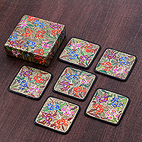 Wood and papier mache coasters, 'Blooming Manor' (set of 6) - Set of 6 Floral Brown Wood and Papier Mache Coasters