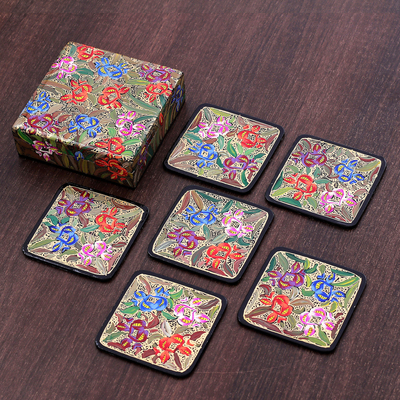 Wood and papier mache coasters, 'Blooming Manor' (set of 6) - Set of 6 Floral Brown Wood and Papier Mache Coasters