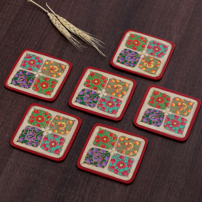 Posavasos de madera y papel maché (juego de 6) - Juego de 6 posavasos de papel maché y madera roja pintada con flores