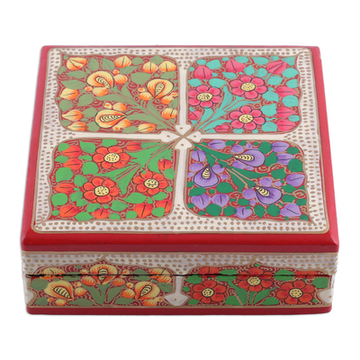 Wood and papier mache coasters, 'Lovely Elixir' (set of 6) - Set of 6 Floral Painted Red Wood and Papier Mache Coasters