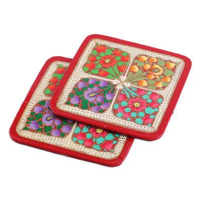 Posavasos de madera y papel maché (juego de 6) - Juego de 6 posavasos de papel maché y madera roja pintada con flores
