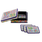 Wood and papier mache coasters, 'Oneiric Elixir' (set of 6) - Set of 6 Floral Painted Blue Wood and Papier Mache Coasters