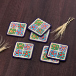 Wood and papier mache coasters, 'Oneiric Elixir' (set of 6) - Set of 6 Floral Painted Blue Wood and Papier Mache Coasters