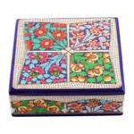 Wood and papier mache coasters, 'Oneiric Elixir' (set of 6) - Set of 6 Floral Painted Blue Wood and Papier Mache Coasters