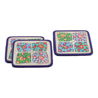 Wood and papier mache coasters, 'Oneiric Elixir' (set of 6) - Set of 6 Floral Painted Blue Wood and Papier Mache Coasters