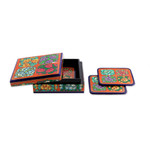 Wood and papier mache coasters, 'Summer Elixir' (set of 6) - Set of 6 Floral Painted Orange Papier Mache Coasters