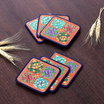 Wood and papier mache coasters, 'Summer Elixir' (set of 6) - Set of 6 Floral Painted Orange Papier Mache Coasters