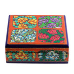 Wood and papier mache coasters, 'Summer Elixir' (set of 6) - Set of 6 Floral Painted Orange Papier Mache Coasters